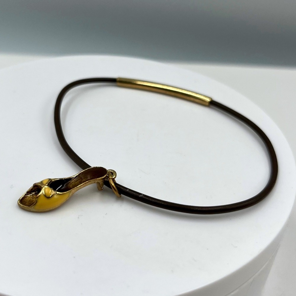 Vintage Gold Tone Enamel High Heel Ballet Slipper Charm Bracelet Brown Cord Band